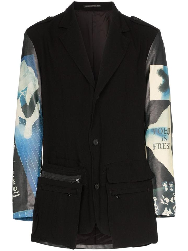 Yohji Yamamoto Graphic Print Leather Panelled Blazer Jacket - Black