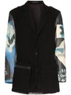 Yohji Yamamoto Graphic Print Leather Panelled Blazer Jacket - Black
