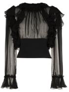 Dolce & Gabbana Ruffle Sleeve Sheer Silk Blouse - Black