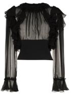 Dolce & Gabbana Ruffle Sleeve Sheer Silk Blouse - Black