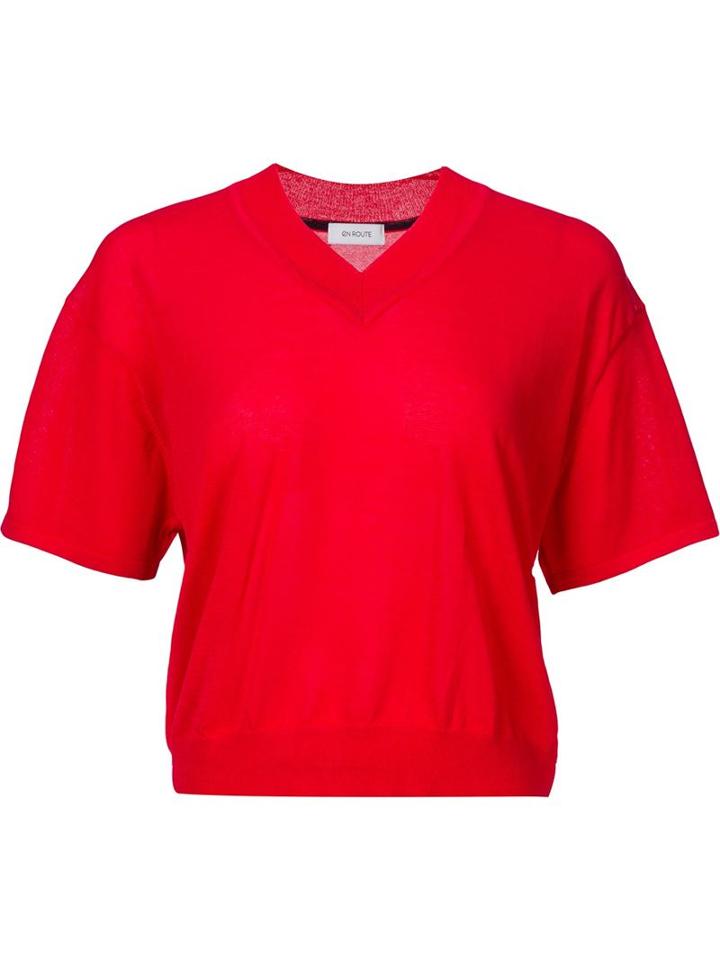 En Route V-neck Knit Top, Women's, Red, Cotton/nylon/acetate