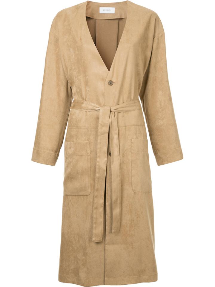 En Route Collarless Belt Coat - Brown