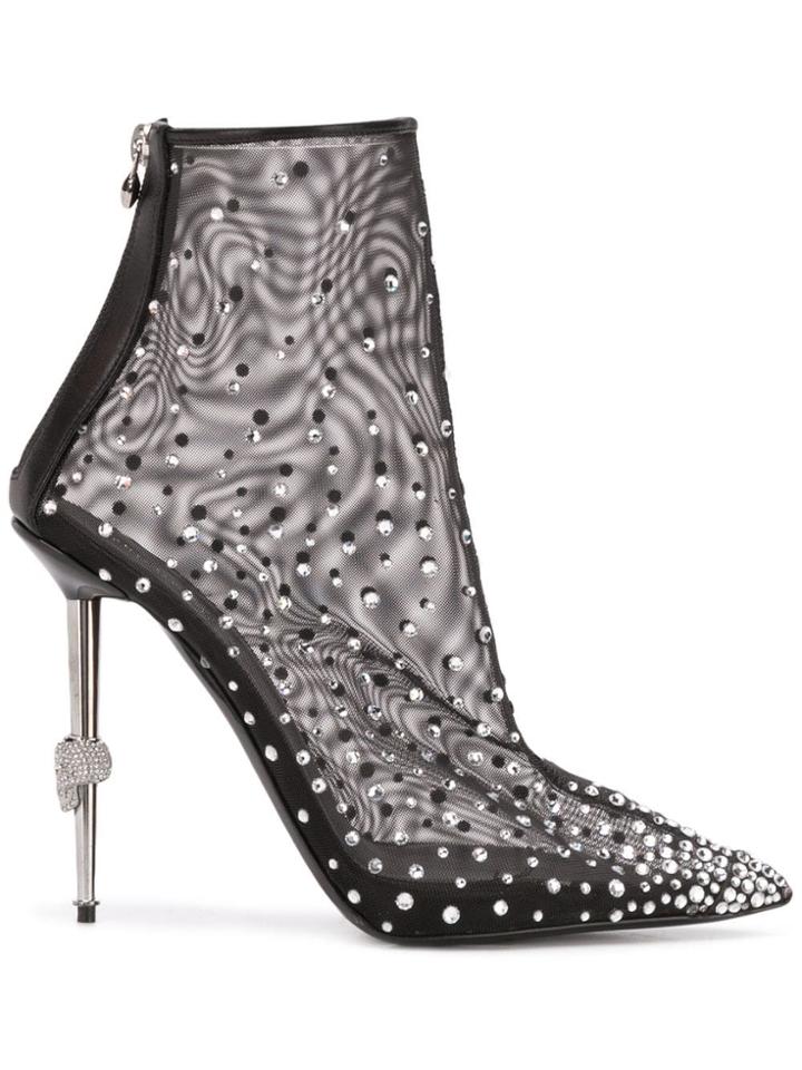 Philipp Plein Crystal Embellished Mesh Ankle Boots - Black