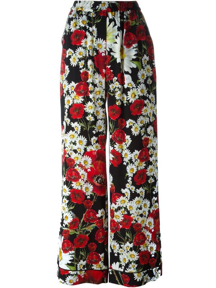 Dolce & Gabbana Daisy And Poppy Print Trousers, Women's, Size: 42, Red, Silk/spandex/elastane
