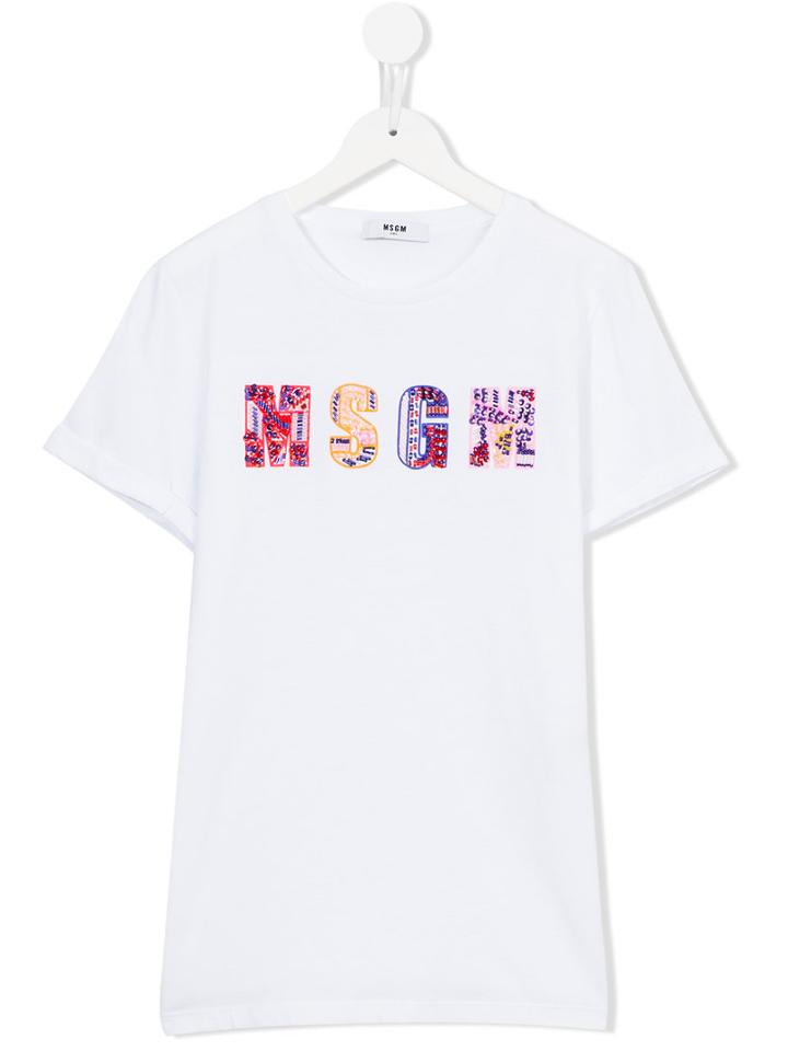 Msgm Kids Bead Embroidered Logo T-shirt, Girl's, Size: 14 Yrs, White