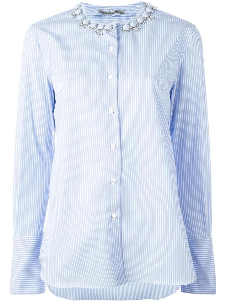 Ermanno Scervino Embellished Collar Shirt, Women's, Size: 42, Blue, Cotton/brass/plastic/glass