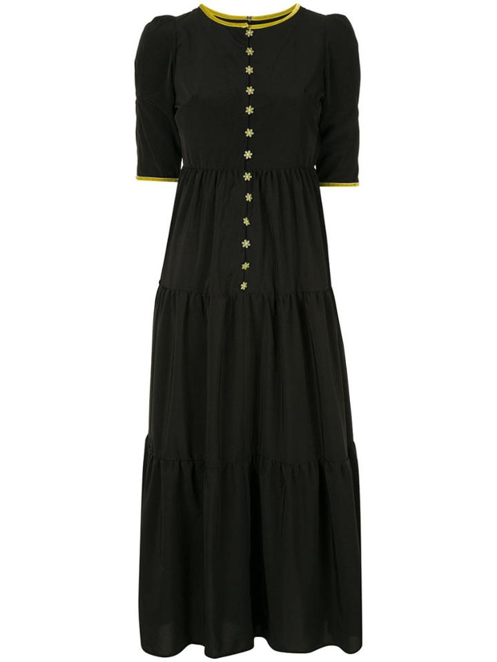 Tu Es Mon Trésor Flower Button Satin Tiered Dress - Black