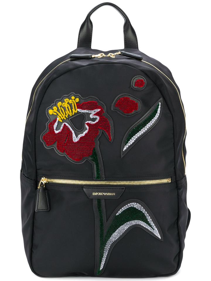 Emporio Armani Appliqué Flower Backpack - Black