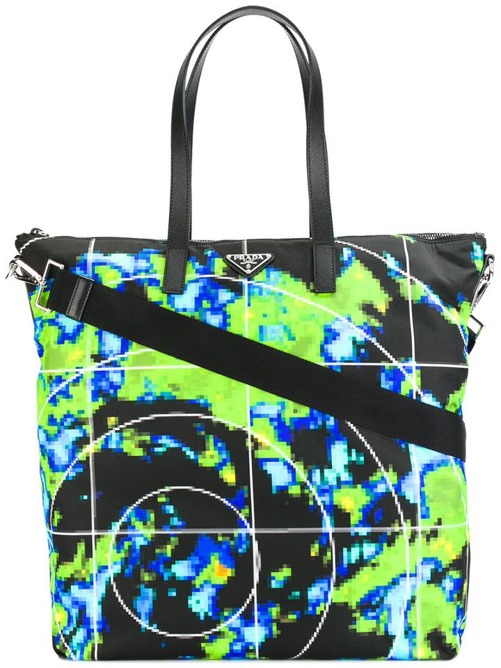 Prada Graphic Print Tote Bag, Men's, Black, Leather/polyamide