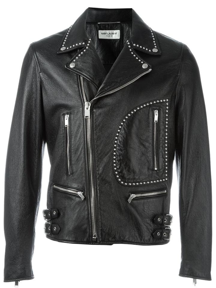 Saint Laurent Studded Biker Jacket, Men's, Size: 50, Black, Cotton/cupro/lamb Skin
