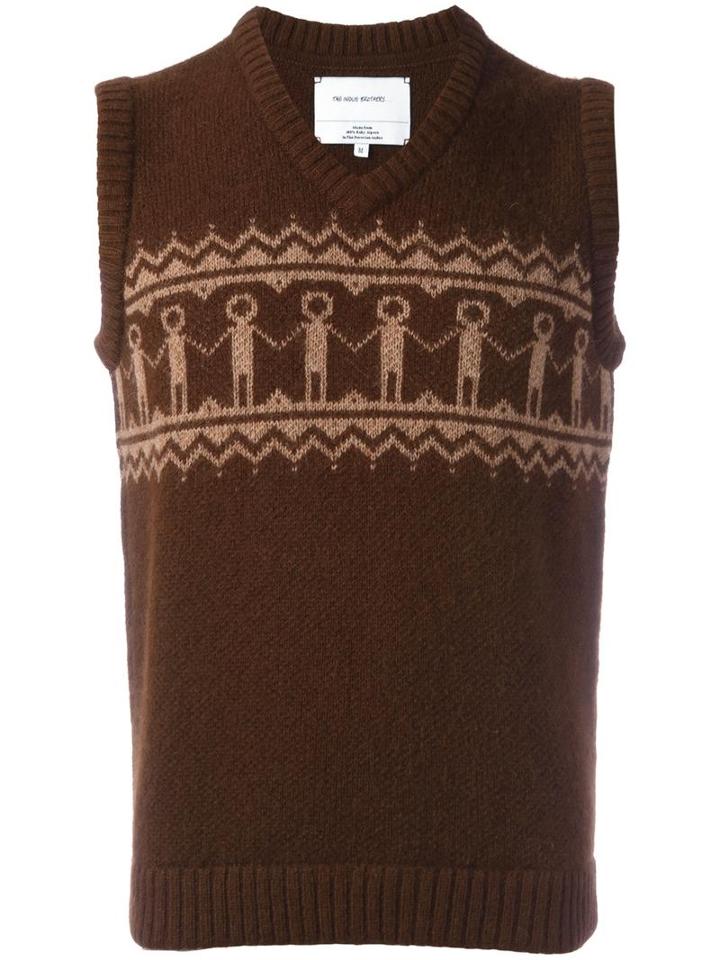 The Inoue Brothers Embroidered Sleeveless Knitted Vest, Men's, Size: Medium, Brown, Alpaca