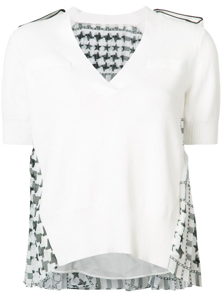 Sacai Side Panel V-neck T-shirt, Women's, Size: 3, White, Cotton/polyester/cupro