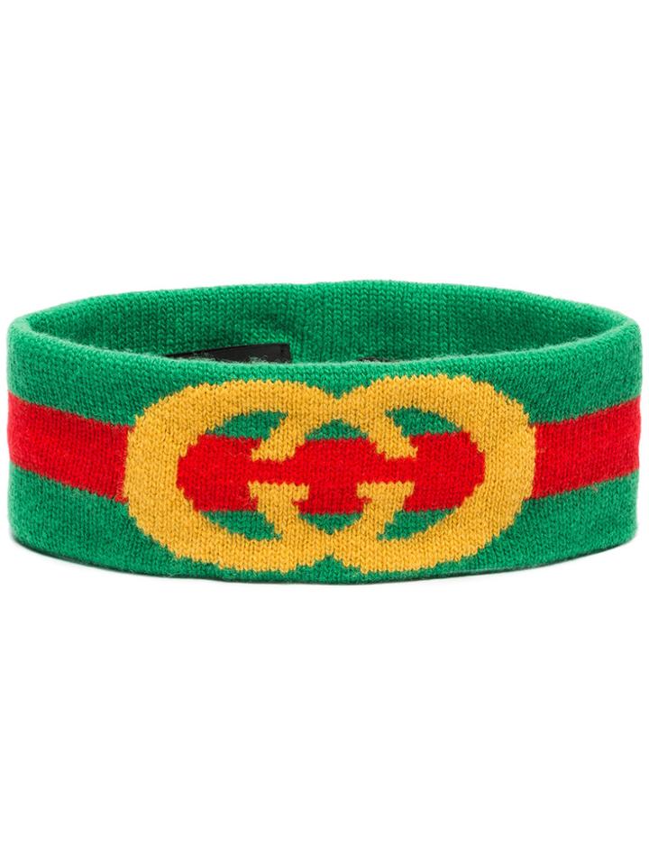 Gucci Green And Yellow Logo Print Wool Headband