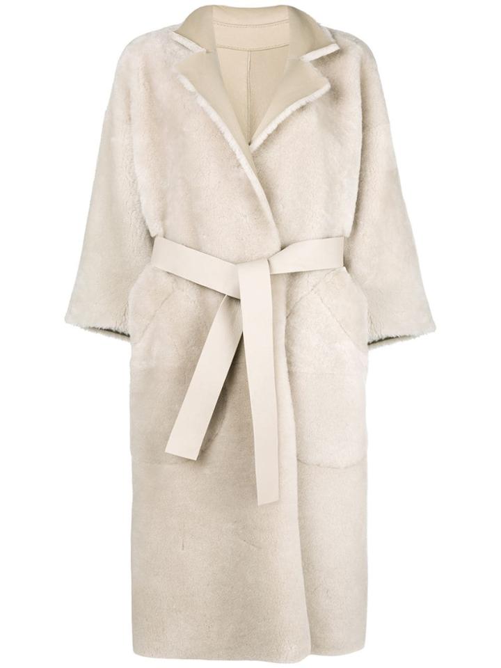 Rochas Belted Long Sleeved Coat - Neutrals