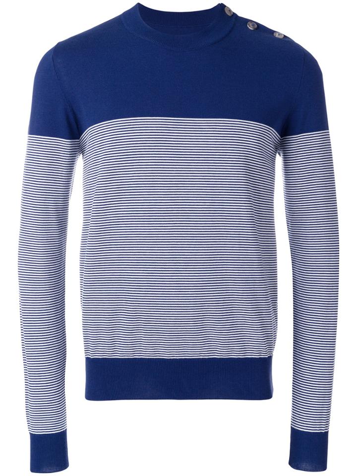 Maison Margiela Striped Buttoned Shoulder Sweater - Blue