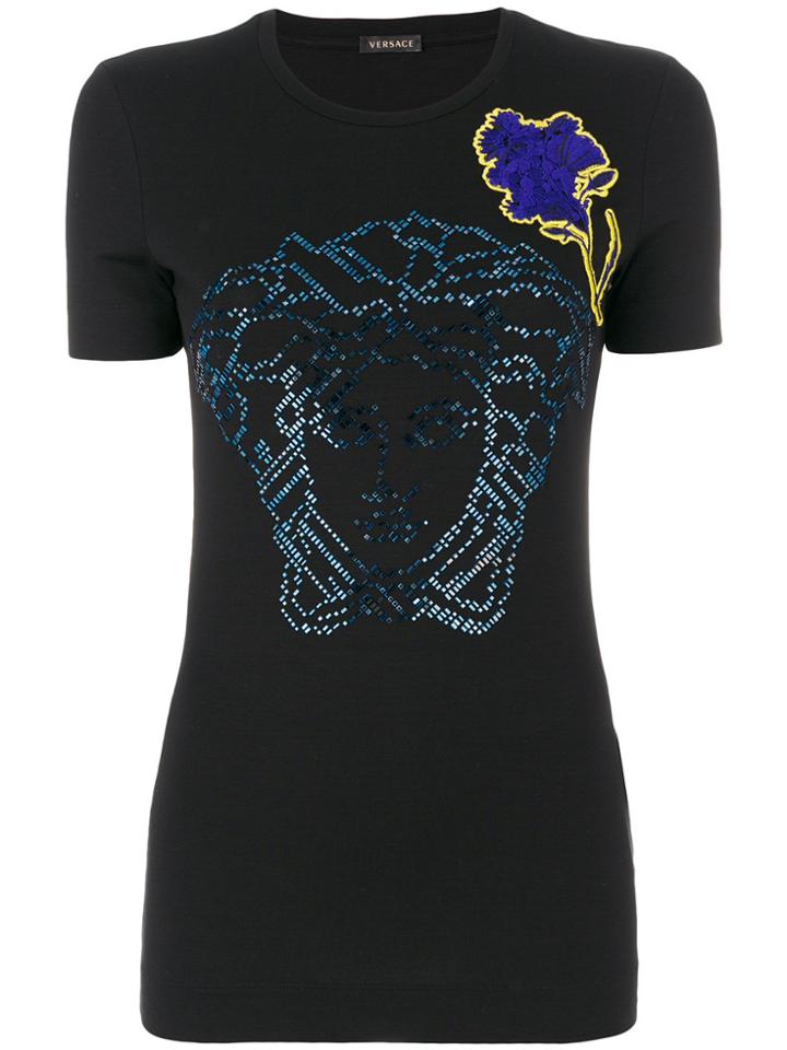 Versace Medusa Floral Embroidered T-shirt - Black