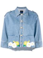 Sjyp Floral Embroidered Cropped Denim Jacket - Blue