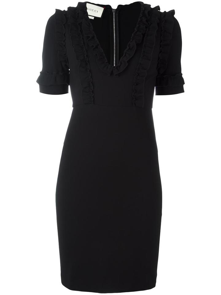 Gucci Ruffled V-neck Dress, Women's, Size: Large, Black, Viscose/polyamide/spandex/elastane