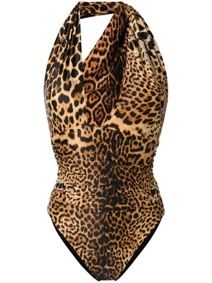 Saint Laurent Leopard-print V-neck Swimsuit - Black