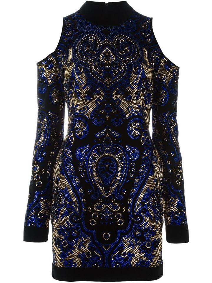 Balmain Cold-shoulder Mini Dress, Women's, Size: 36, Blue, Cotton/spandex/elastane/glass/metal