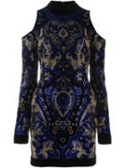 Balmain Cold-shoulder Mini Dress, Women's, Size: 36, Blue, Cotton/spandex/elastane/glass/metal