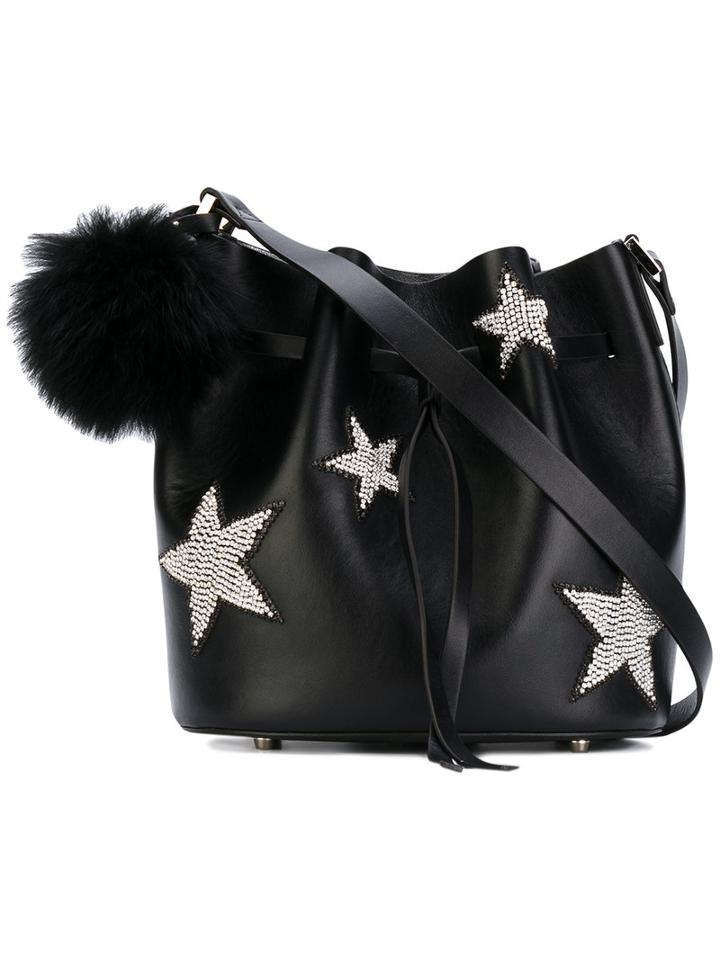 Les Petits Joueurs - Daliah Star Bucket Bag With Fox Fur Pom Pom - Women - Calf Leather - One Size, Black, Calf Leather