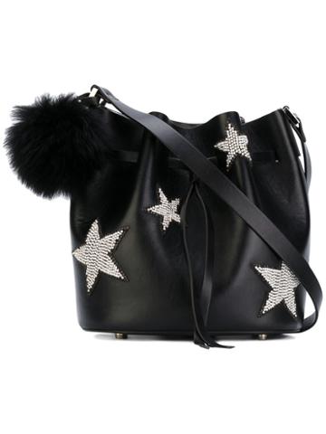 Les Petits Joueurs - Daliah Star Bucket Bag With Fox Fur Pom Pom - Women - Calf Leather - One Size, Black, Calf Leather