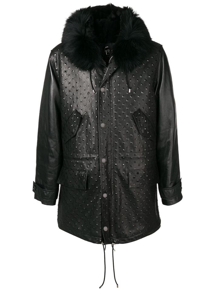 Furs66 Fur Trim Leather Coat - Black