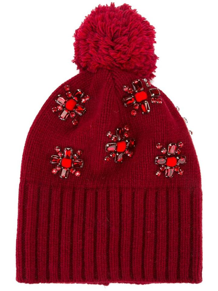 Le Chapeau Flower Embellished Pompom Beanie, Women's, Red, Wool/polyamide/glass