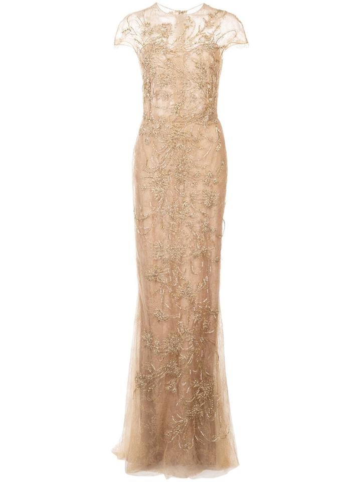 Marchesa Embroidered Lace Gown - Brown