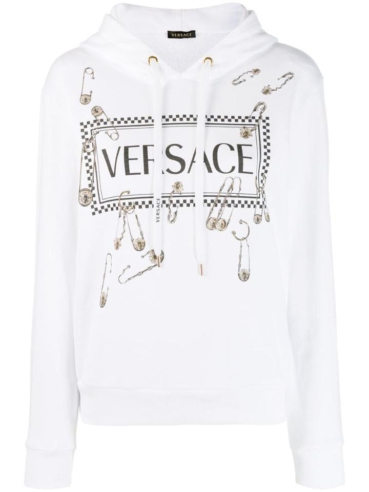 Versace Logo Safety Pin Hoodie - White
