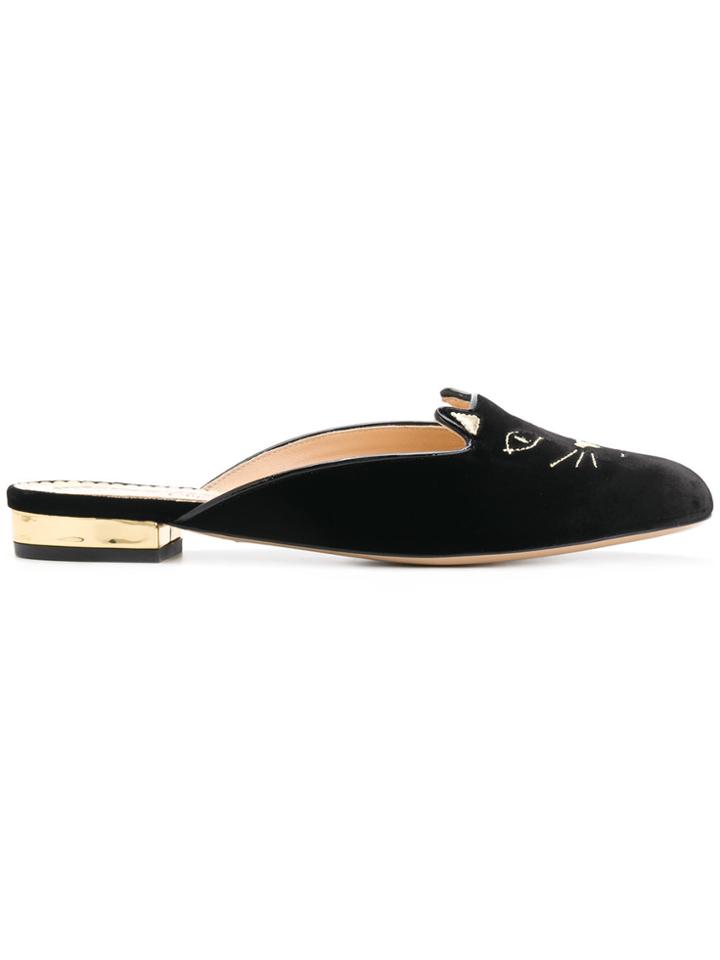Charlotte Olympia Kitty Velvet Mules - Black