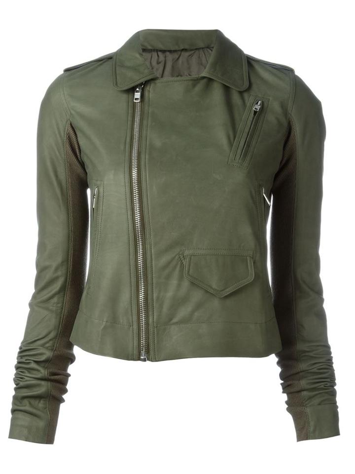 Rick Owens Classic Stooges Biker Jacket, Women's, Size: 40, Green, Calf Leather/cupro/viscose/virgin Wool