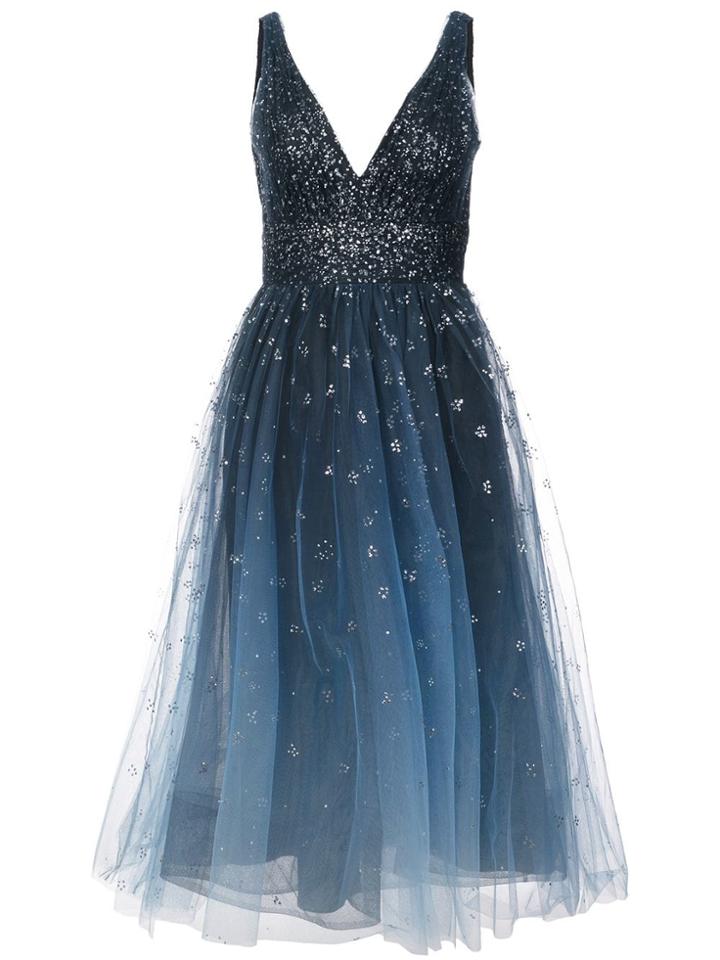 Marchesa Notte Plunge Neck Midi Foil Dress - Blue