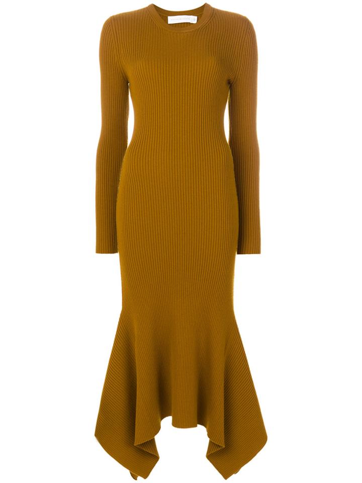 Victoria Beckham Draped Hem Ribbed Sweater Dress - Yellow & Orange