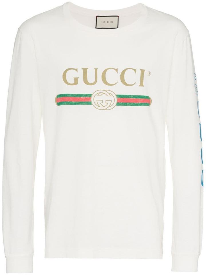 Gucci Dragon Embroidered Logo Print Cotton T Shirt - Neutrals