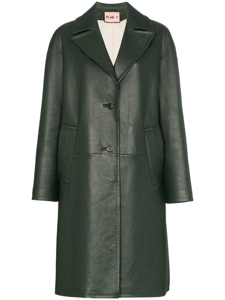 Plan C Notch Lapel Leather Coat - Green