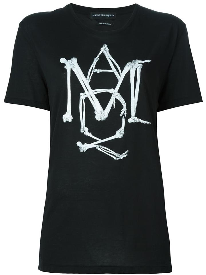 Alexander Mcqueen Bones Logo Print T-shirt, Women's, Size: Medium, Black, Cotton