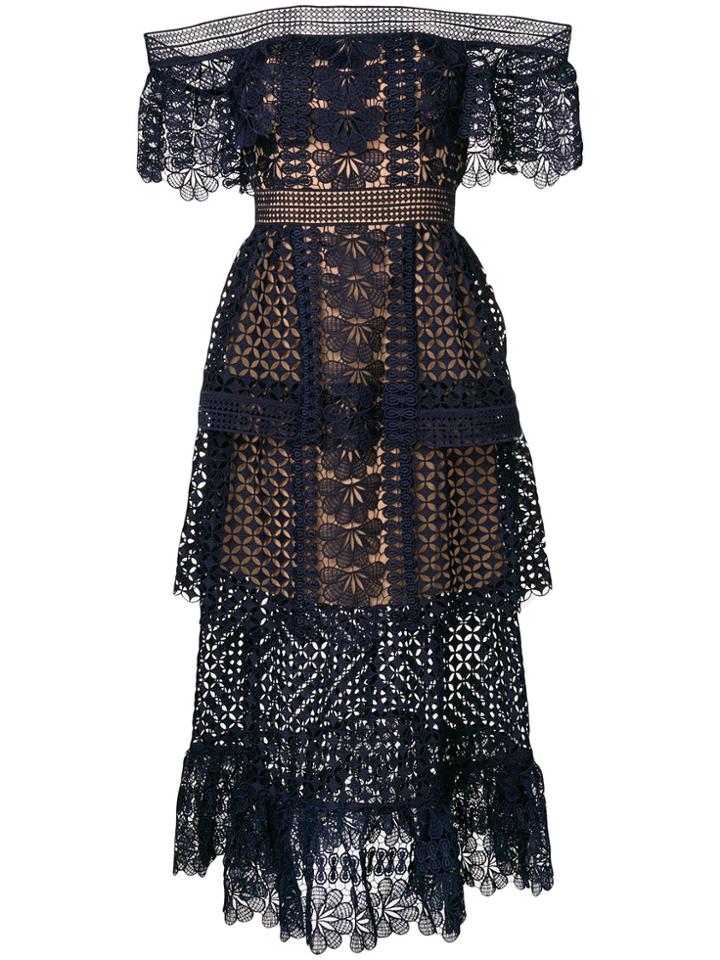 Self-portrait Embroidered Off Shoulder Dress - Blue