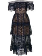 Self-portrait Embroidered Off Shoulder Dress - Blue