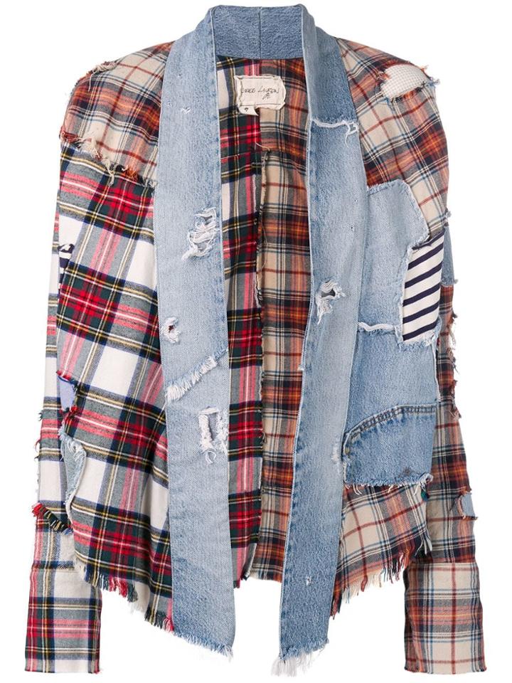Greg Lauren Check And Denim Kimono - Neutrals