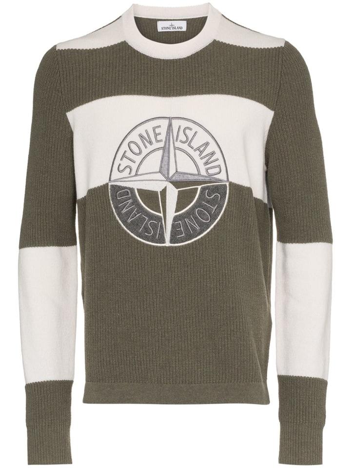 Stone Island Wool Crew Neck Logo Stripe Jumper - Green