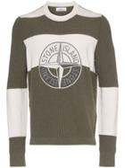 Stone Island Wool Crew Neck Logo Stripe Jumper - Green