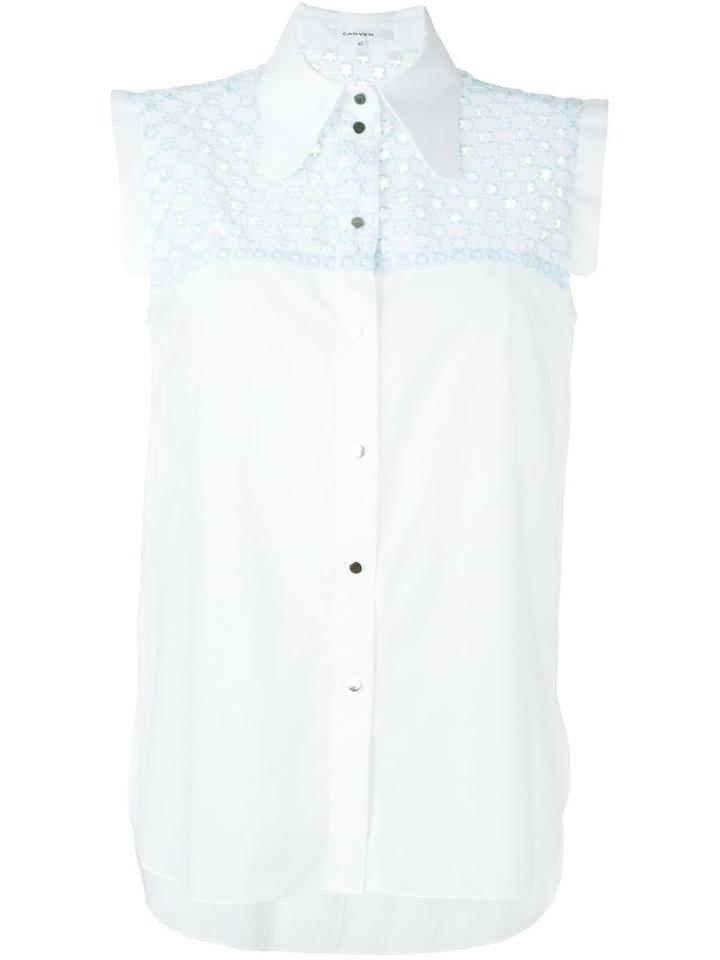Carven Embroidered Panel Sleeveless Shirt, Women's, Size: 38, White, Cotton