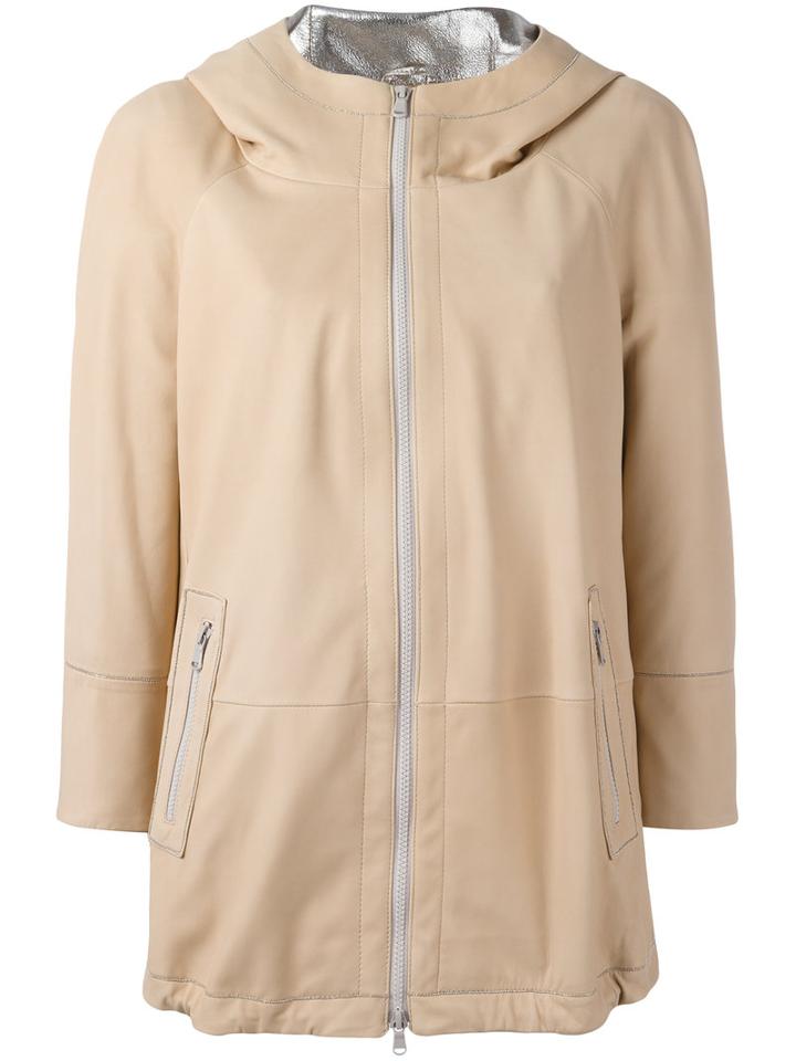 Brunello Cucinelli High Shine Trim Hooded Jacket, Women's, Size: 46, Nude/neutrals, Leather/acetate/silk/brass
