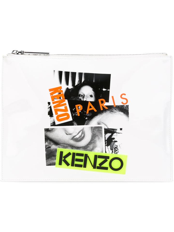 Kenzo Printed Clutch, Women's, White, Cotton/calf Leather/nylon