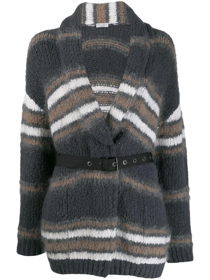 Brunello Cucinelli Striped Belted Cardigan - Grey