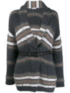 Brunello Cucinelli Striped Belted Cardigan - Grey