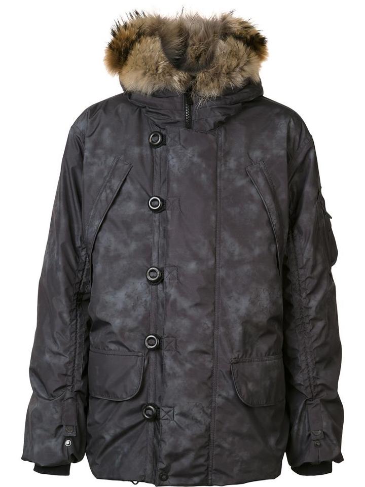 Kru Padded Hooded Coat, Men's, Size: Large, Grey, Polyester/racoon Fur/feather Down