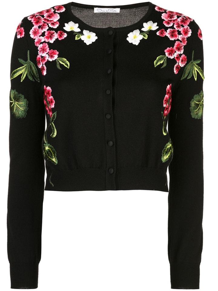 Oscar De La Renta Botanical Embroidered Cardigan - Black